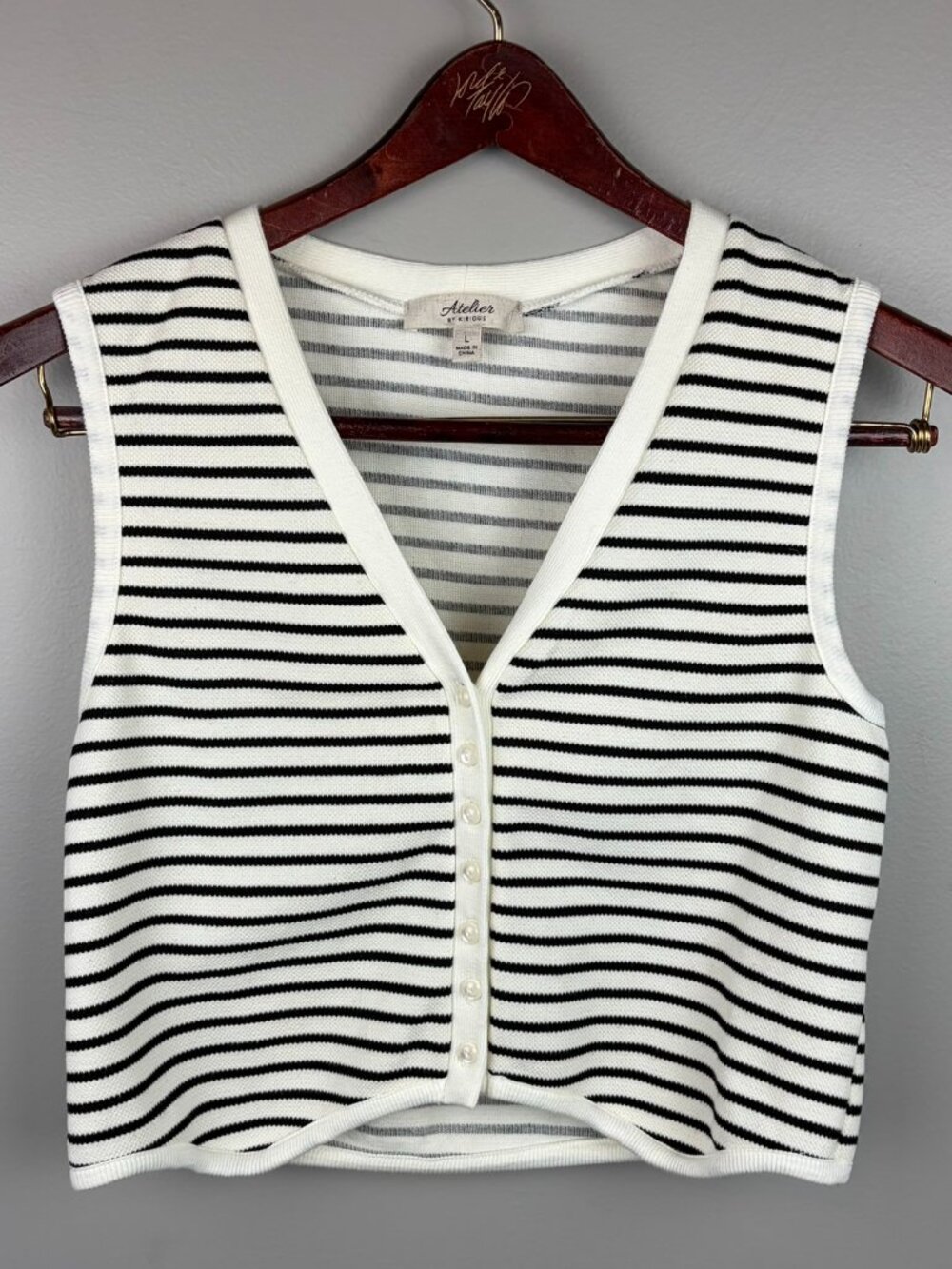 Atelier by Kirious White With Blacked Stripes Knit Tank Top Size Large